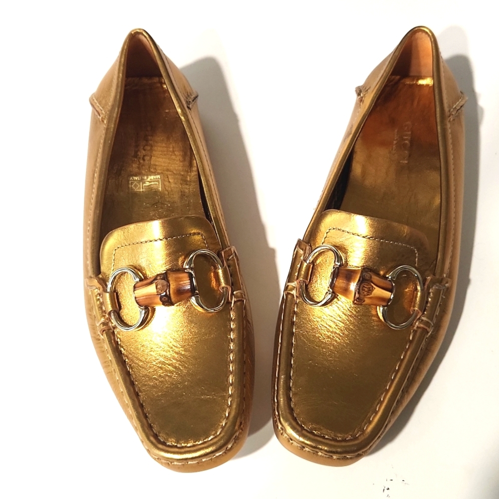 NEW!! Gucci Bamboo Horsebit Gold Leather Driving Shoes Loafers 155162 Size 5B - Picture 16 of 16